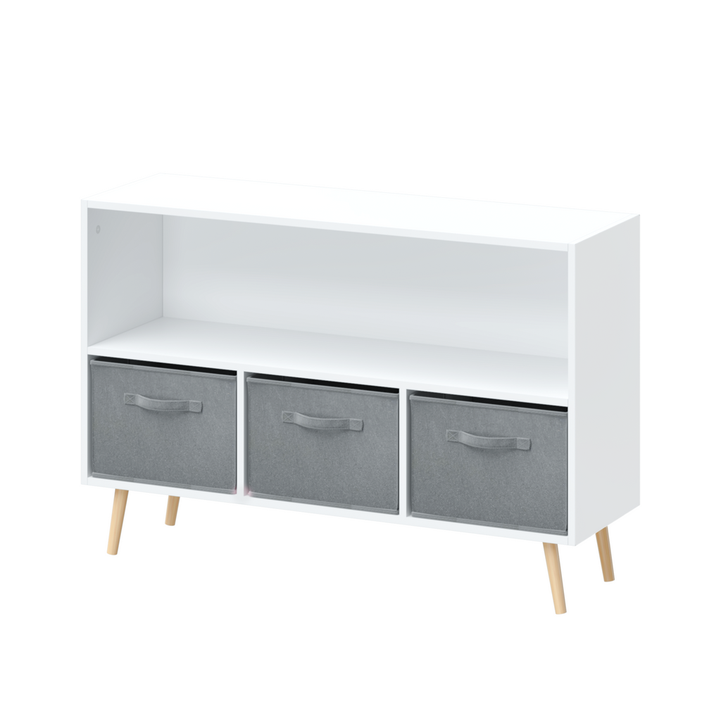 Kids Bookcase with Collapsible Fabric Drawers, Children's Book Display, Toy Storage Cabinet Organizer, White/Gray, MDF+Pine
